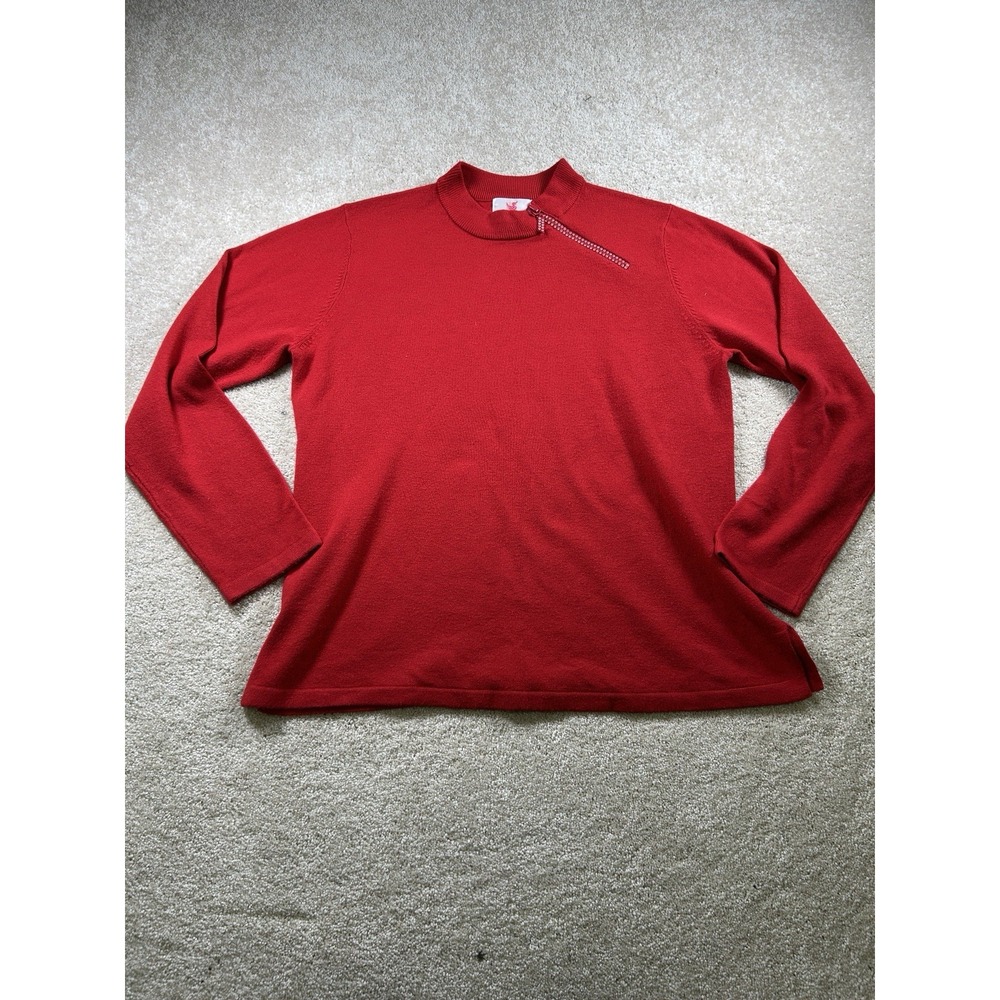 Quaker Factory Womens Sz XL Granny Bedazzled Rhinestone‎ Sweater Red Cottagecore